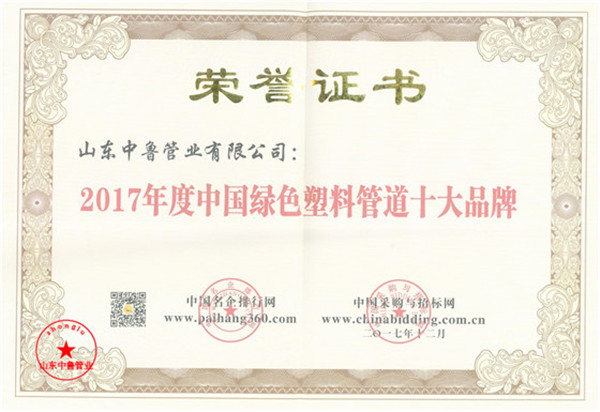 2017年度中国绿色管道十大品牌j9九游会官网的荣誉证书